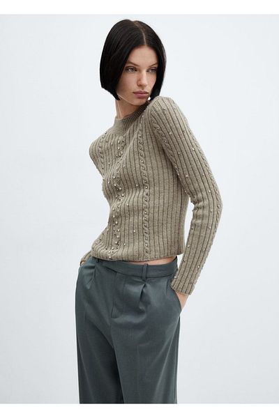 MANGO Woman Ribbed Strass Detailed Sweater