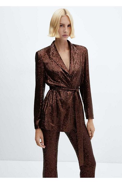 MANGO Woman Jachetă blazer cu paiete cu centură