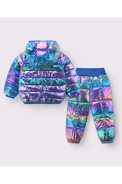 SAPS Full Sleeves Hooded Solid 3D Ears Detail Padded Jacket & Pants/Co-ord Set - Blue/Pink/Purple