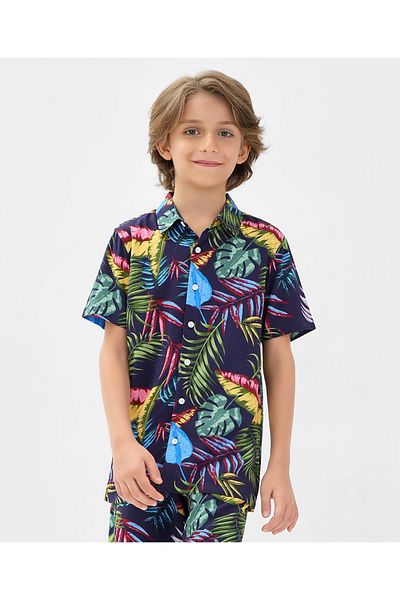 Primo Gino Leaves All Over Printed Shirt and Shorts/Co-ord Set - Navy