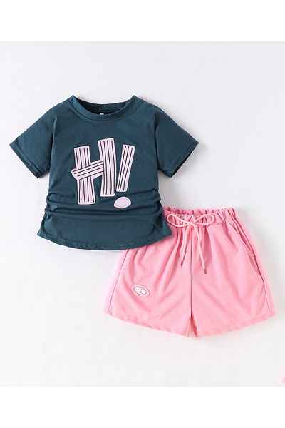 SAPS Hi Graphic T-Shirt & Patched Shorts Set - Blue & Pink