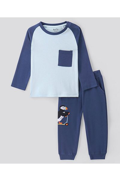 Bonfino 100% Cotton Knit Raglan Sleeves T-Shirt & Joggers Set With Bird Print - Navy Blue