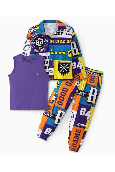 Ollington St. Ollington St.-100% Cotton Knit Full Sleeves Text Printed Shirt With Inner Tee & Joggers-Multicolor