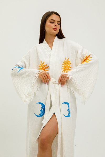 Befera Design Kimono de muselină 100% bumbac Fazele lunii cu model imprimat Halat de baie Kaftan Neglije
