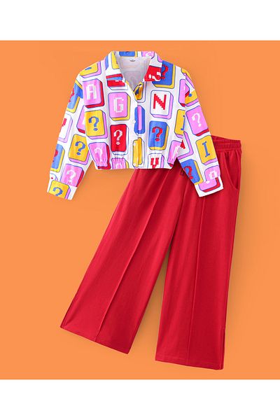 Ollington St. Ollington St. - Cotton Full Sleeves Text Printed Shirt Top & Culotte Pants Set - Red