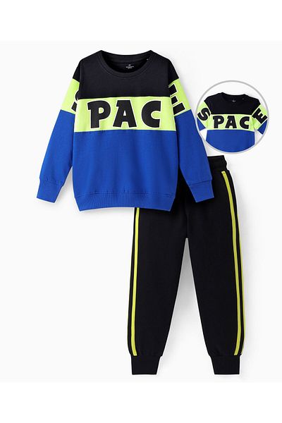 Ollington St. Ollington St. - 100% Cotton Knit Full Sleeves Sweatshirt & Joggers Set Text Print - Black & Blue
