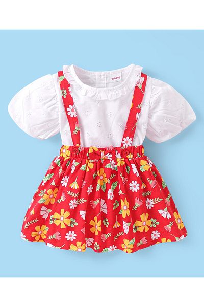 Babyhug Cotton Knit Half Sleeves Schiffli Top & Floral Printed Skirt With Suspenders - White & Red