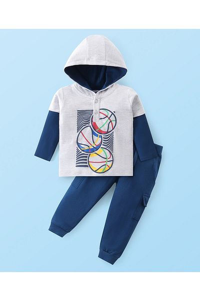Babyhug - Cotton Knit Doctor Sleeves Hooded T-Shirt & Lounge Pants Set Basketball  - White & Blue