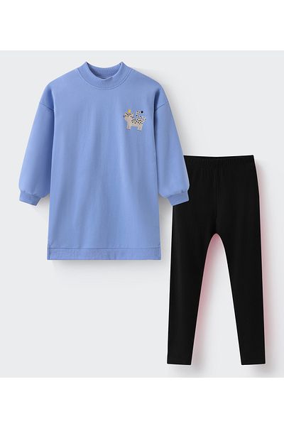 SAPS High Neck Cat Graphic T-Shirt & Solid Leggings Set - Blue & Black
