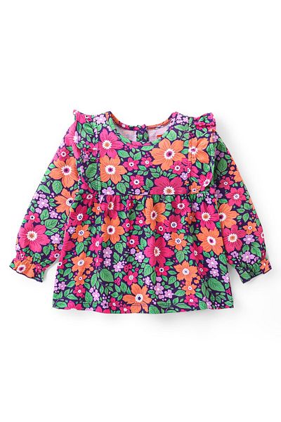 Babyhug Cotton Knit Full Sleeves Frill Detailed Top & Denim Pants Set With Floral Print - Multicolor