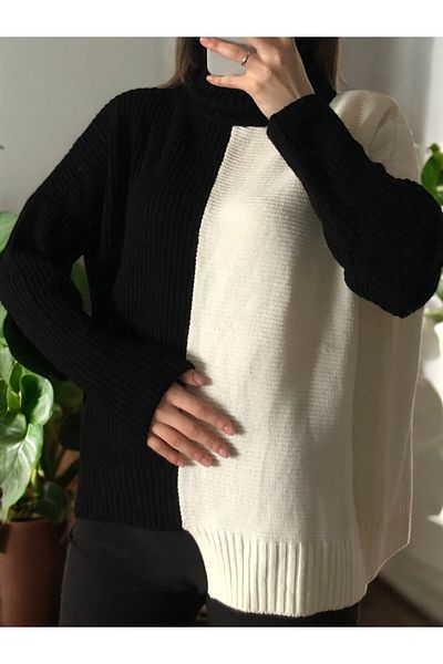Flow Mi̇sseale Black and White Double Color Detail Pullover