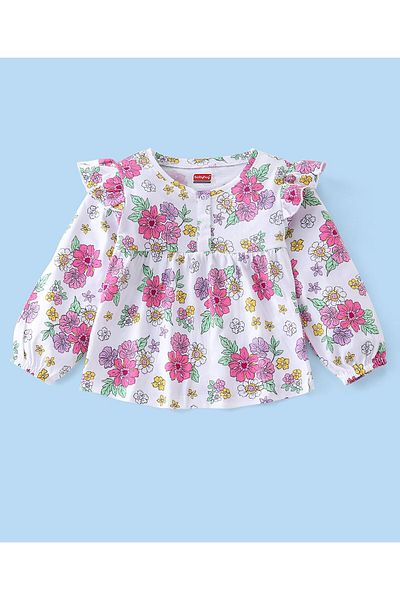 Babyhug 100% Cotton Knit Full Sleeves Top & Legging Set Floral Print - White & Pink