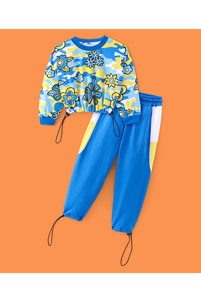 Ollington St. Ollington St. 100% Cotton Full Sleeves Floral Sweatshirt & Color Blocked Joggers Set - Multicolor