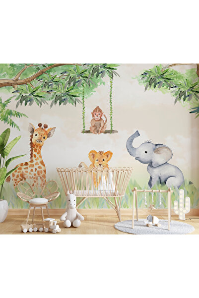 Tasarım Salıncakta Sallanan Maymun Ağaçlar ve Hayvanlar Fil Aslan Zürafa Çocuk Odası Duvar Kağıdı