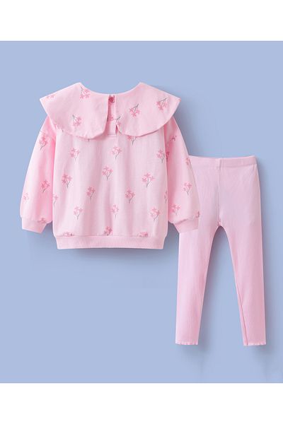 SAPS Floral All Over Printed Peter Pan Collared Top & Solid Leggings/Co-ord Set - Pink
