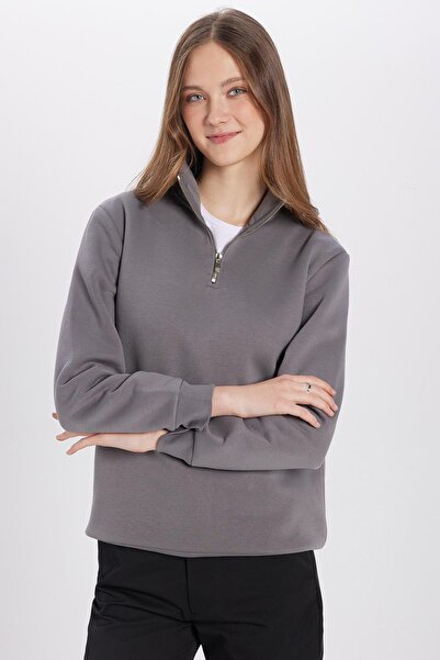 Tudors Unisex Relax Fit Rahat Kesim Pamuklu Içi Polarlı Yarım Fermuarlı Gri Dik Yaka Sweatshirt