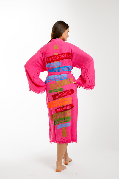 Befera Design Müslin Kimono %100 Pamuklu Karayip Adaları Baskılı Bornoz Kafta...