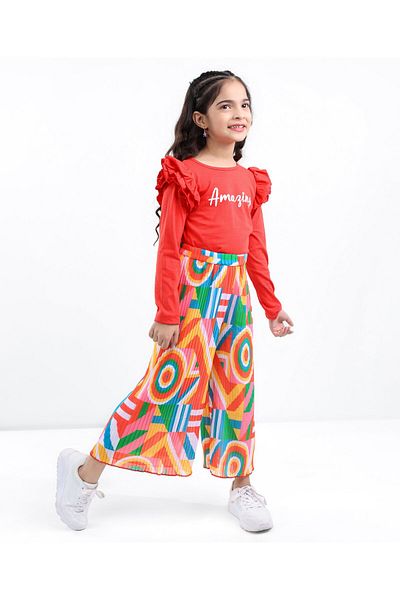 Ollington St. Ollington St.-Sinker Knit Full Sleeves Frill Detailed Top & Woven Pleated Georgette  Set-Multicolor