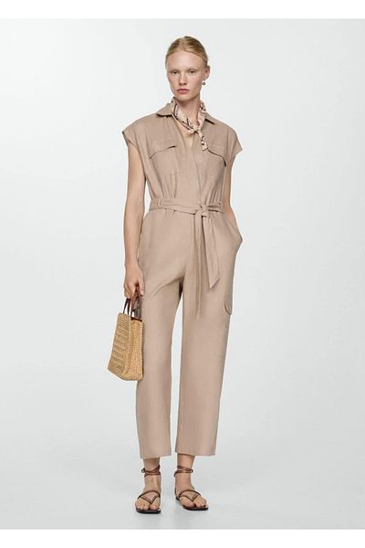 MANGO Woman Cargo Style Linen Jumpsuit