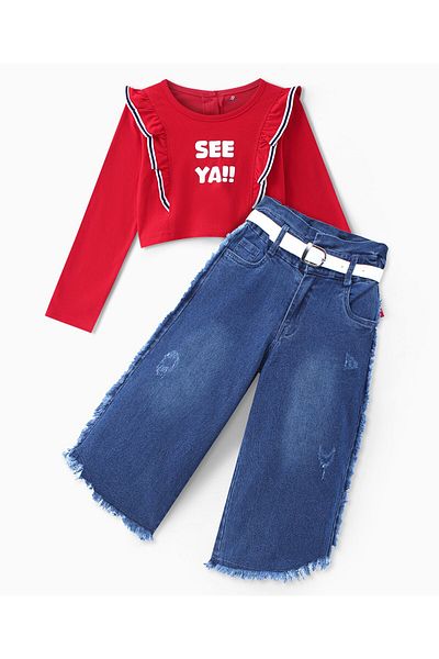 Ollington St. Ollington St.-Cotton Knit Full Sleeves Text Printed Top & Stretchable Denim Pants Set-Red & Indigo