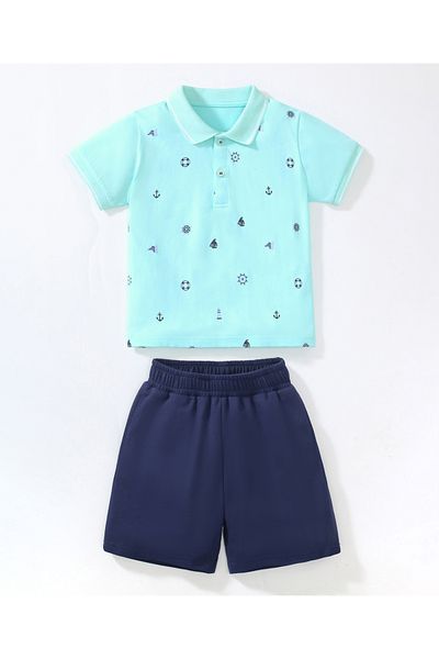 SAPS Sailor Print Polo Shirt & Solid Shorts Set - Blue