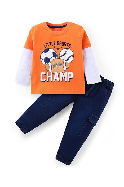Babyhug -Cotton Knit Full Doctor Sleeved T-Shirt & Denim Jeans Set With Sporty Print-Orange & Blue