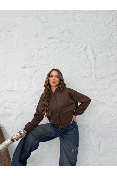 Genel Markalar Kadın Scuba Kumaş Çift Cep Bomber Ceket