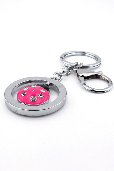 Solfera Pink Ladybug White Stone Metal Keychain - Nature Spinning Kc157