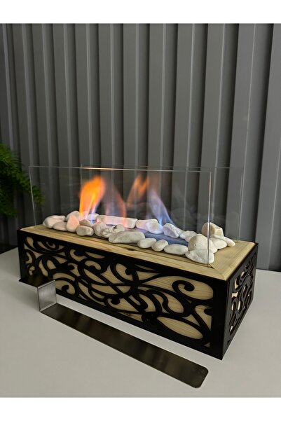 Esha Home Ahşap Masa Üstü Siyah Ahşap İşlemeli Bioethanol Şömine Sertifikalı ...