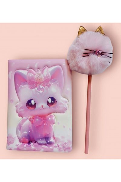 izmir yazici servis Kitten Ornate Embossed 3D Printed Pufidik Memory Souvenir Notepad Set with Kitten Pen Gift