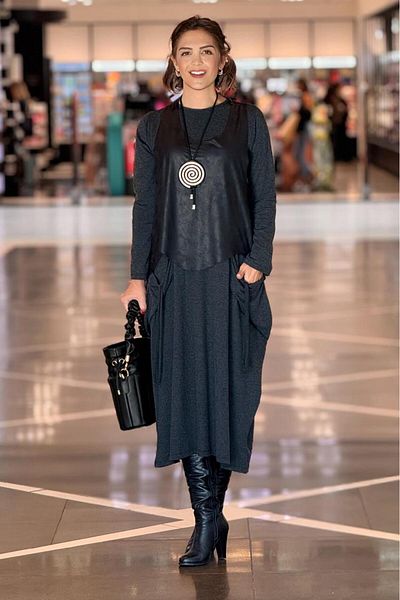 Nevin Kaya Moda Φόρεμα Bohemian Anthracite - Μάλλινο δερμάτινο γιλέκο βισκόζης και δώρο κολιέ