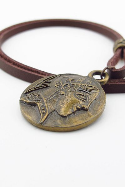 Solfera Ancient Greek Coin Locket Bronze Metal Real Leather Men Necklace Q0948