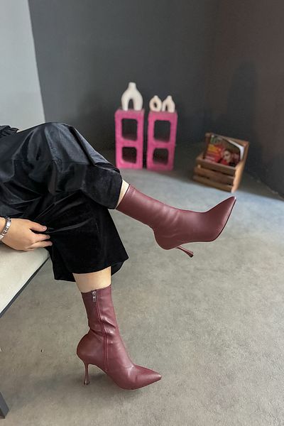SHOEBELLAS Γυναικείες μπότες με τακούνι Mesia Burgundy Skin Stretch με φερμουάρ