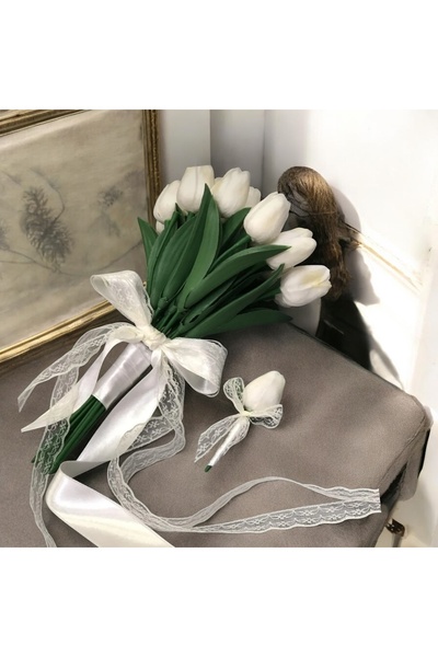 SavBrand Islak Beyaz Laleli Gelin Buketi Ve Yaka Çiçeği