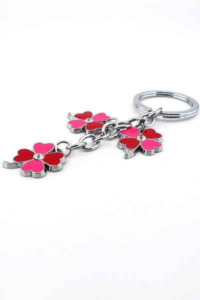 Solfera Pink Red Four Leaf Clover Lucky Stone Metal Keychain Kc158
