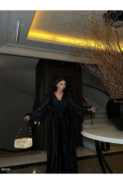 S&A Collectionn Rochie de seară lungă din șifon lurex, cu decolteu în V, cu mâneci cu balon