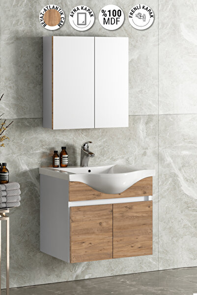 ÖZCEDEN Yıldız 55 cm Beyaz-Atlantik Çam MDF Seramik Lavabolu Asma Banyo Dolabı Takımı