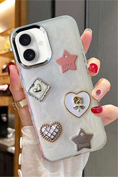 3GEN CASE İphone 16 Uyumlu 3D Taş Kurdele Kelebek Kalp İşleme Motifli Sert Kapak