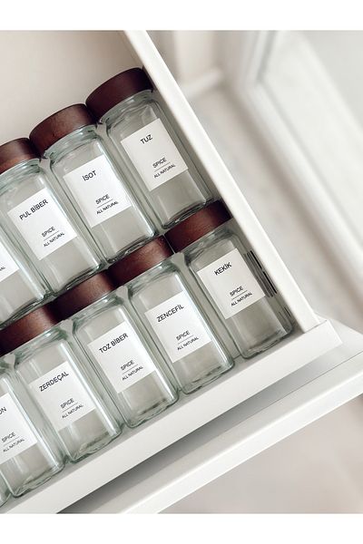 MODA OZY 12-Piece 120ml Glass Spice Rack with Acacia Lid Spice Set (Water Resistant Label)