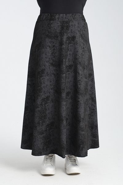 Gül Moda Black Oil Patterned Flared Long Skirt with Elastic Waist G029-12