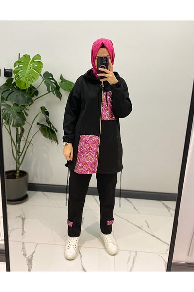 SARE BOUTIQUE Scuba Fabric Garni Detailed Cardigan/Pants Hijab Set