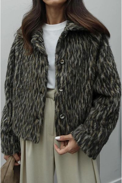 manana fashion Jachetă scurtă căptușită cu guler stratificat cu nasturi cu imprimeu leopard