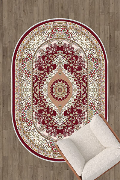 HaLıFoRuM Dekoratif Oval Halı Klasik Desen Kaymaz Taban Salon Oturma Odası Halısı Ovl-01bordo
