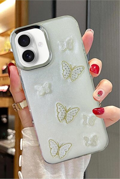 3GEN CASE iPhone 16 Compatible 3D Stone Ribbon Butterfly Heart Embroidery Motif Hard Cover
