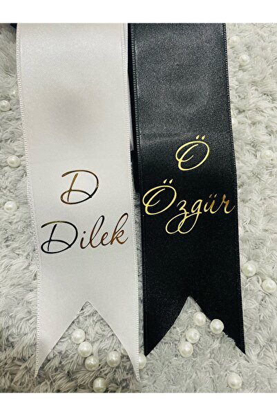 TREND Kişiye Özel İsimli 2 metre boy ve 6 cm eninde Gelin ve Damat Siyah Beyaz Takı Kurdelesi