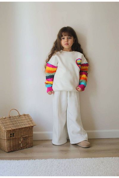 Lolliboomkids Κοριτσίστικο Softy 3 κλωστών με φλις κέντημα καρδιάς κεντημένο λευκό χρώμα κάτω επάνω σετ Νέα σεζόν