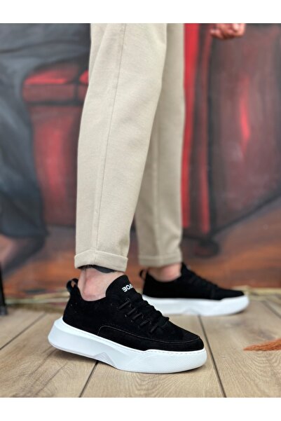 BOA BA0332 - Ανδρικά μαύρα σουέτ πάνινα παπούτσια με λευκή σόλα - μοτίβο σκάλας και κορδόνια