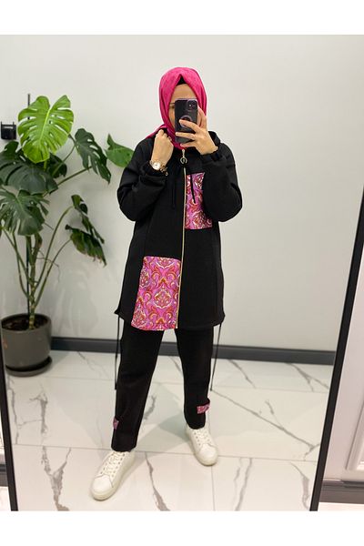 SARE BOUTIQUE Scuba Fabric Garni Detailed Cardigan/Pants Hijab Set