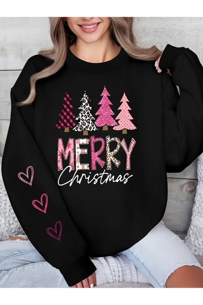 WOODROFFE Anul Nou Crăciun Fericit Imprimat Crew Deck Oversize Negru Gri Alb ...