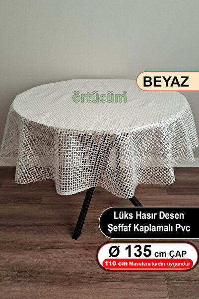 Örtücüm Beyaz Yuvarlak Hasır Örgü Desen Pvc Şeffaf Kaplama Kalın Dantel Lüks Muşamba Masa Örtüsü Silinebilir